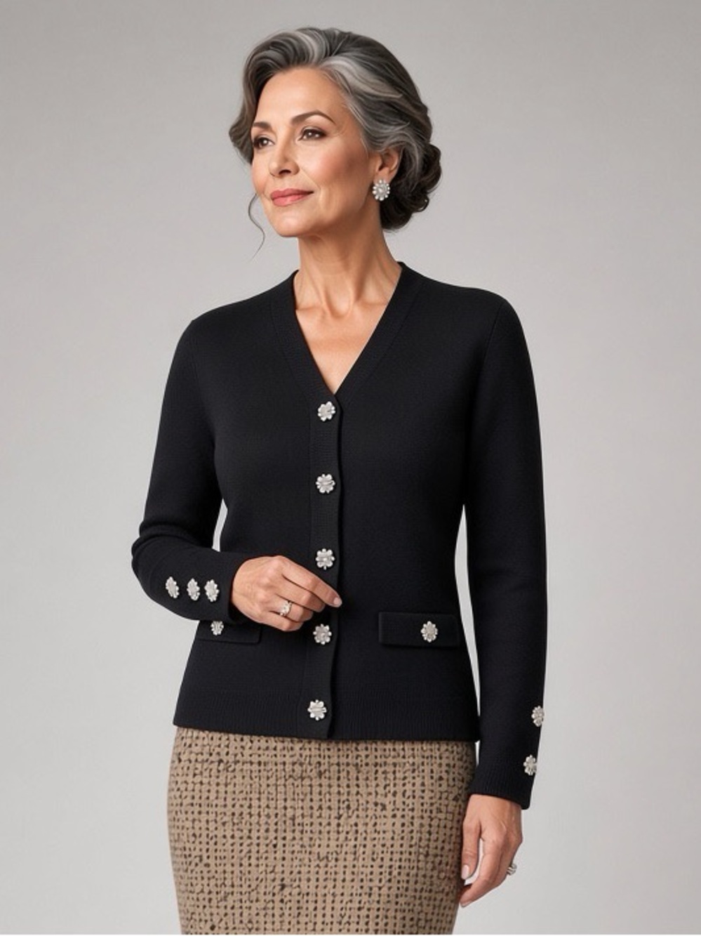 St. Johns Evening by Marie Gray Black Vneck Sweater + Rhinestone Buttons. Size 4